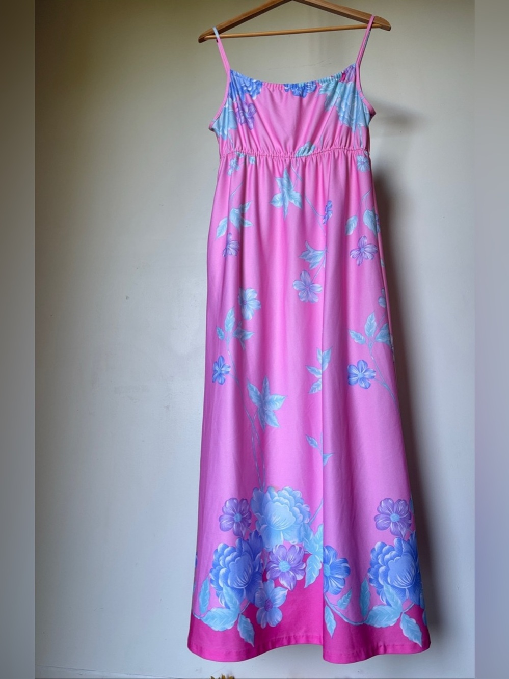 Vintage 70s Hawaiian Maxi Dress Pink Blue Floral Smocked Single Pocket MuuMuu